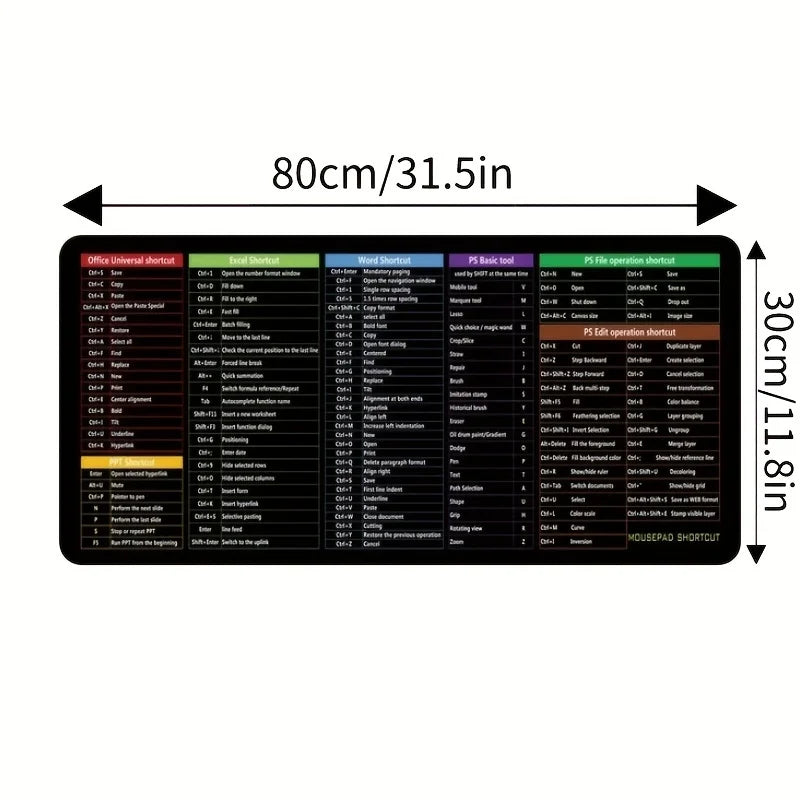 Large Non-Slip PC Function Shortcuts Mouse Pad, Thickened Keyboard Mat (30 x 80 x 2 cm / 11.8 x 31.5 x 0.78 in)