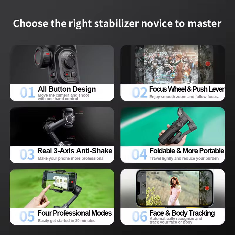 AOCHUAN 3-Axis Handheld Gimbal Stabilizer with Fill Light for Smartphones - Face Tracking for iPhone and Android, Ideal for TikTok and Vlogging